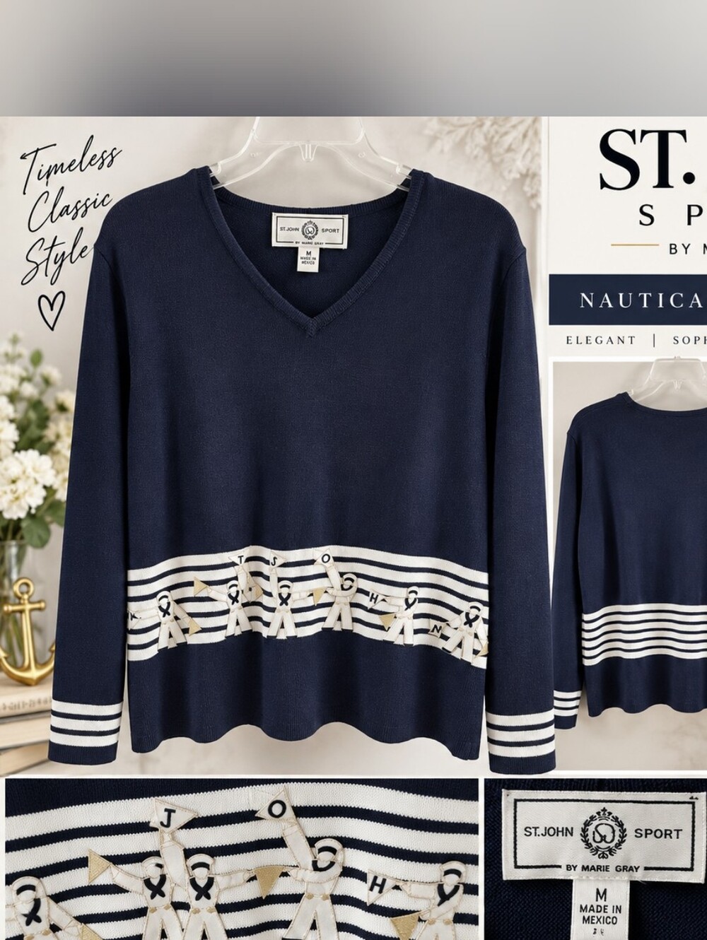 St John Sport Marie Gray Navy Nautical Sailor Sweater Wool Blend Size M